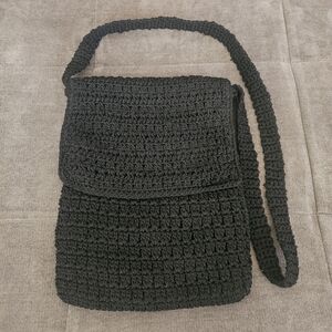 Handmade Crochet Woven Black Crossbody Bag with Flap and Zipper